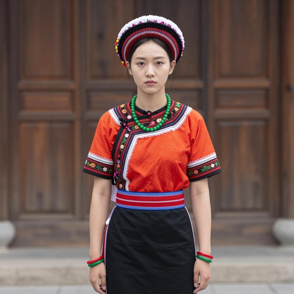 Young Woman in Traditional Ethnic Costume with Colorful Headdress and Accessories