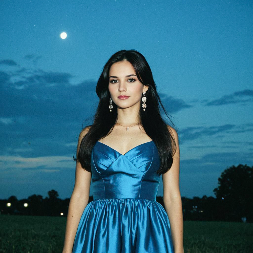 Young Woman in Sky-Blue Satin Dress Under Moonlight