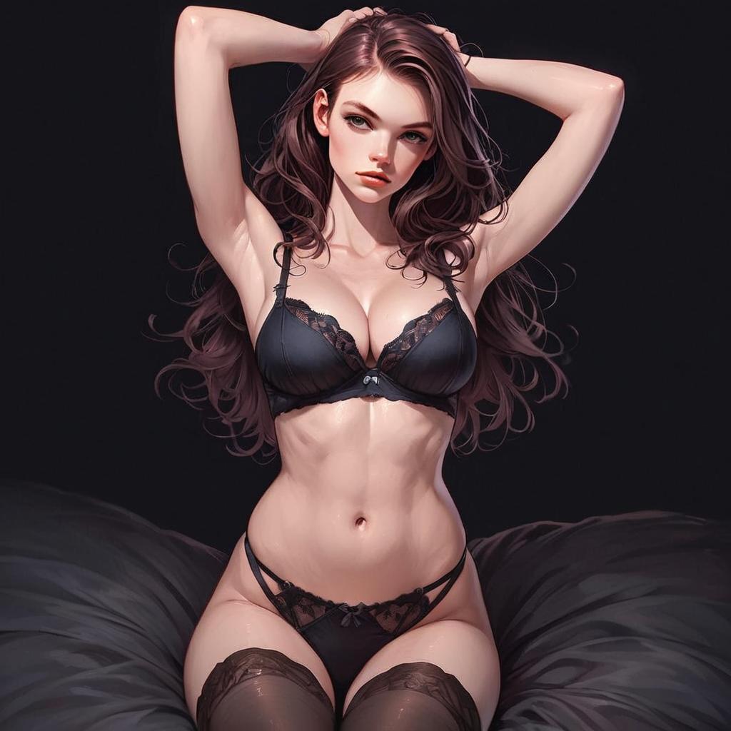 Digital Art of Woman in Black Lace Lingerie and Stockings