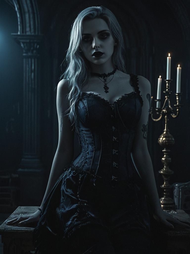 Gothic Woman in Black Corset Dress with Candlelight in Dark Medieval Setting