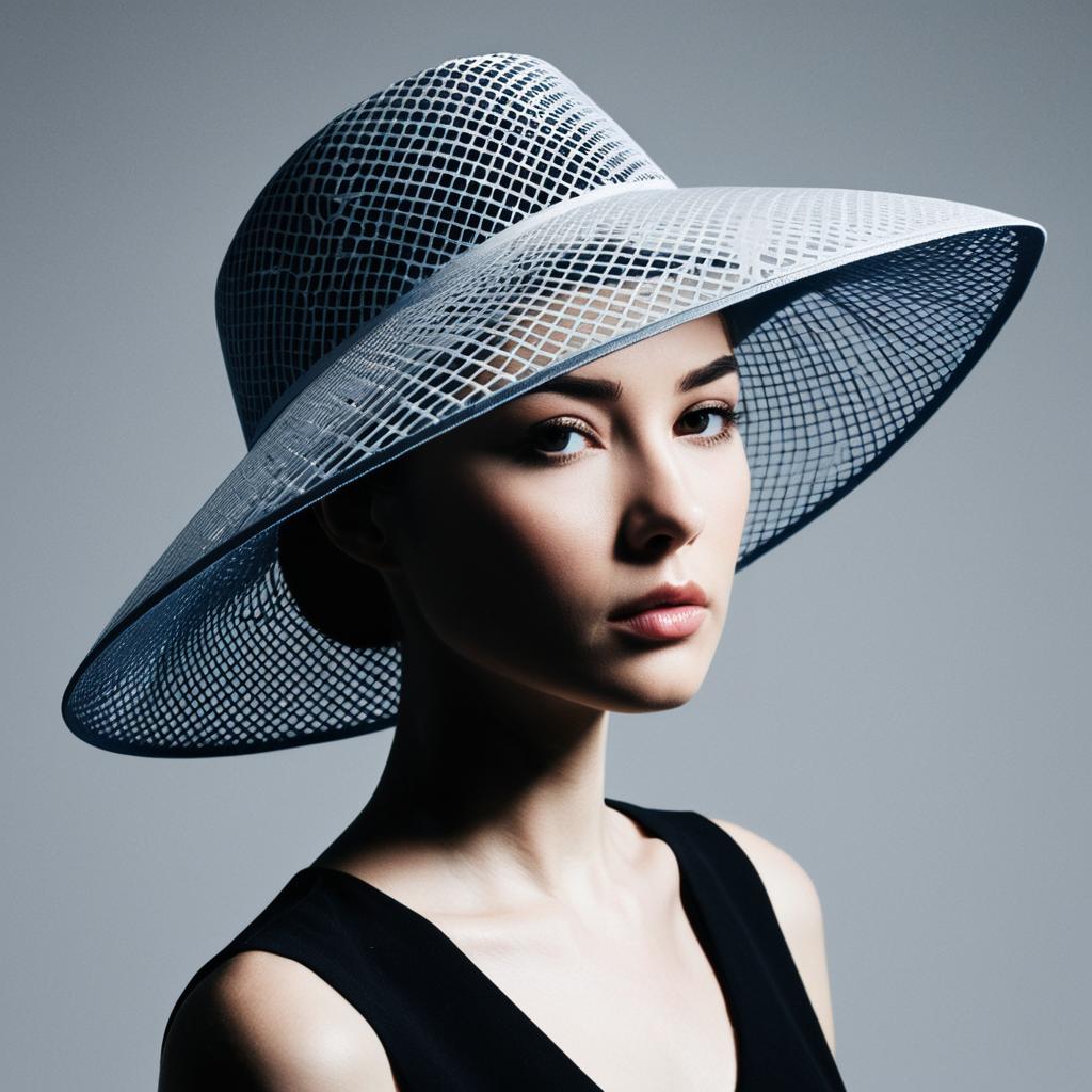 High-Fashion Woman with Wide-Brimmed Patterned Hat Studio Portrait
