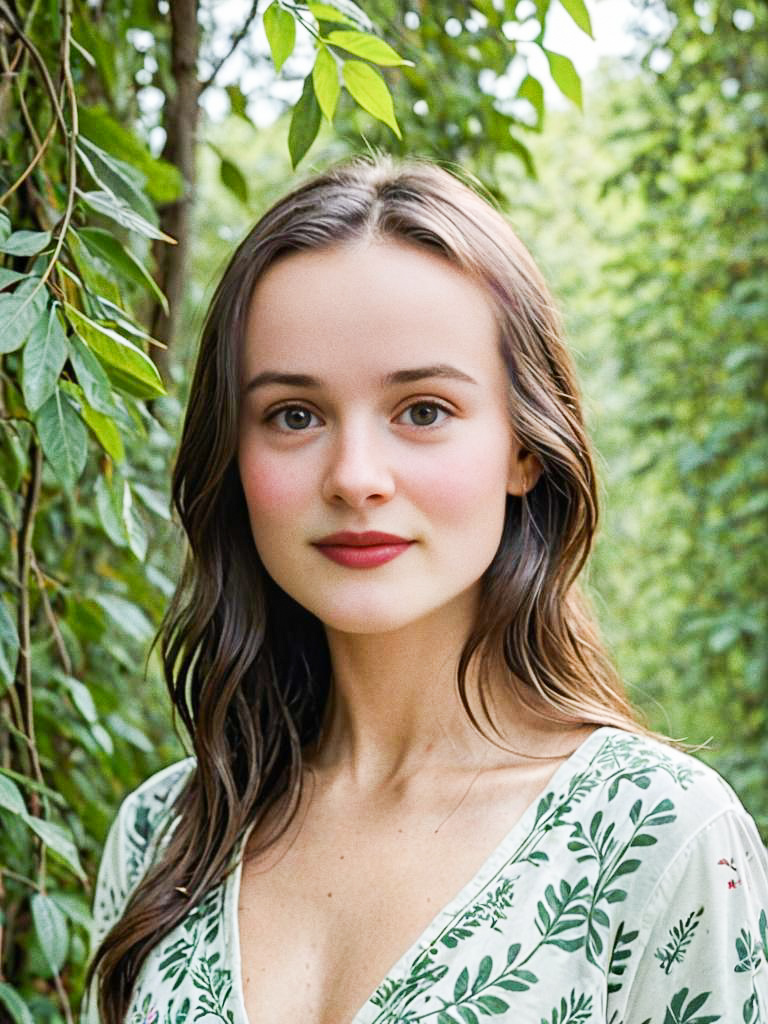 Serene Young Woman in Lush Greenery