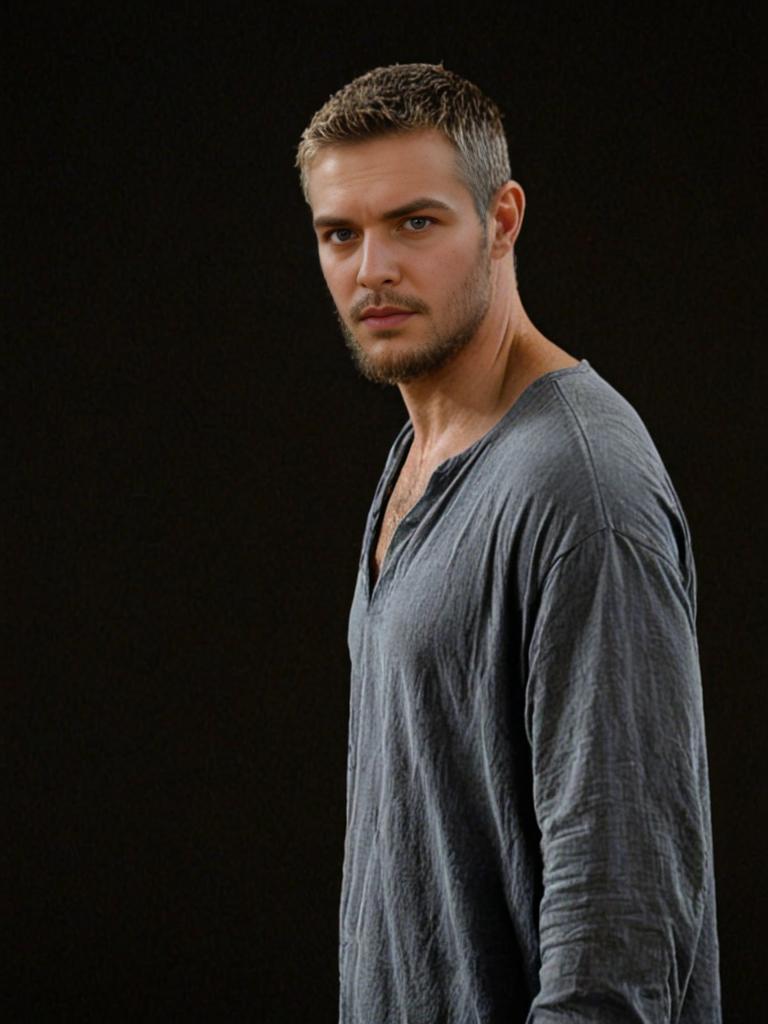 Confident man with stubble in gray shirt