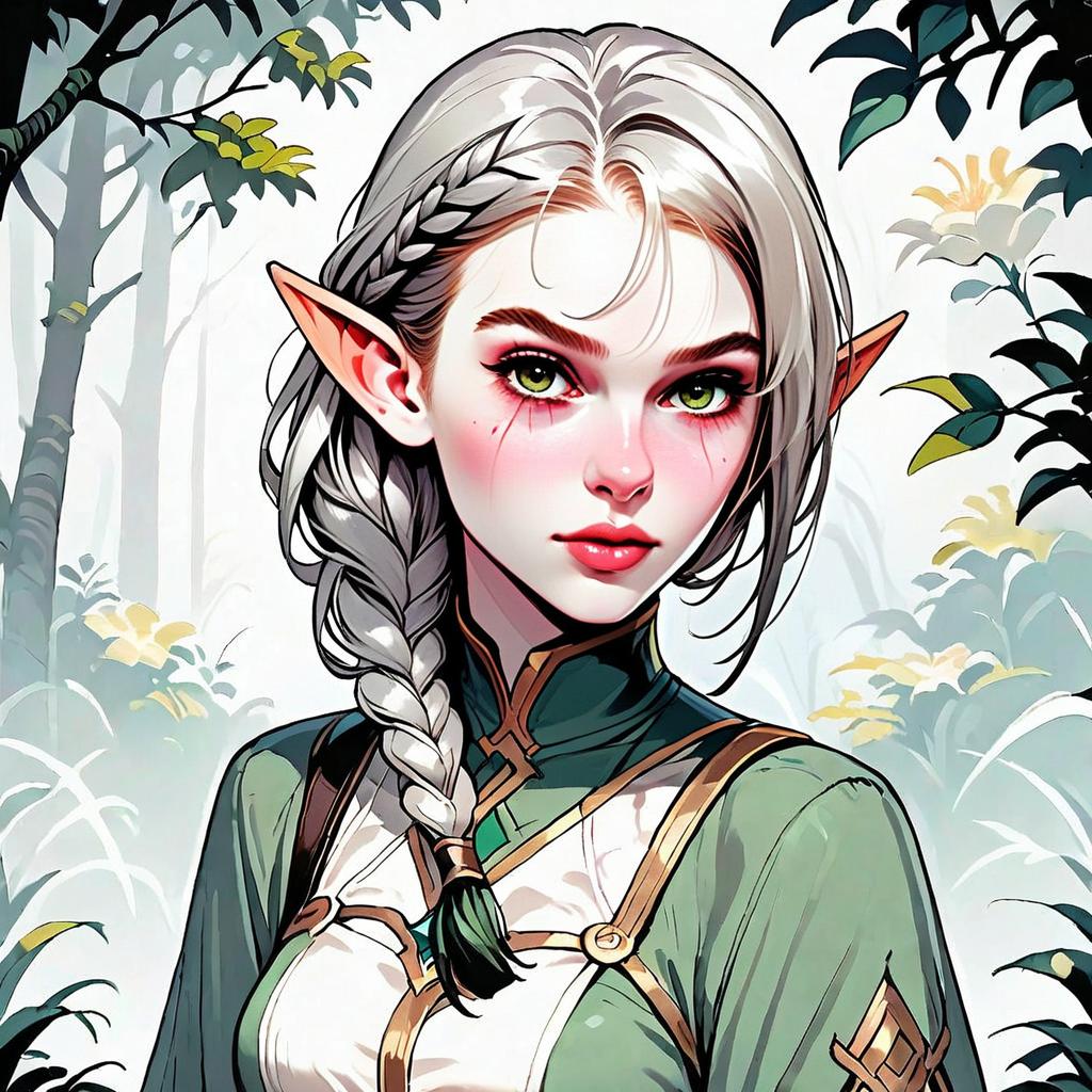 Fantasy Elf Woman with Silver Hair in Green Outfit Digital Illustration