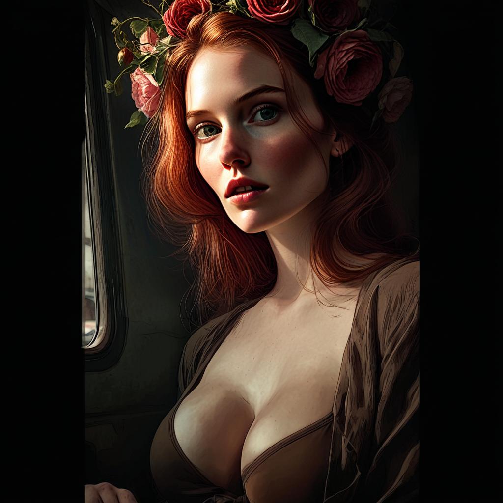 Red-Haired Woman with Floral Crown in Dramatic Natural Light Portrait