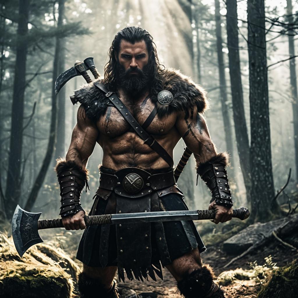 Viking Warrior with Axe in Sunlit Forest, Muscular Barbarian Man