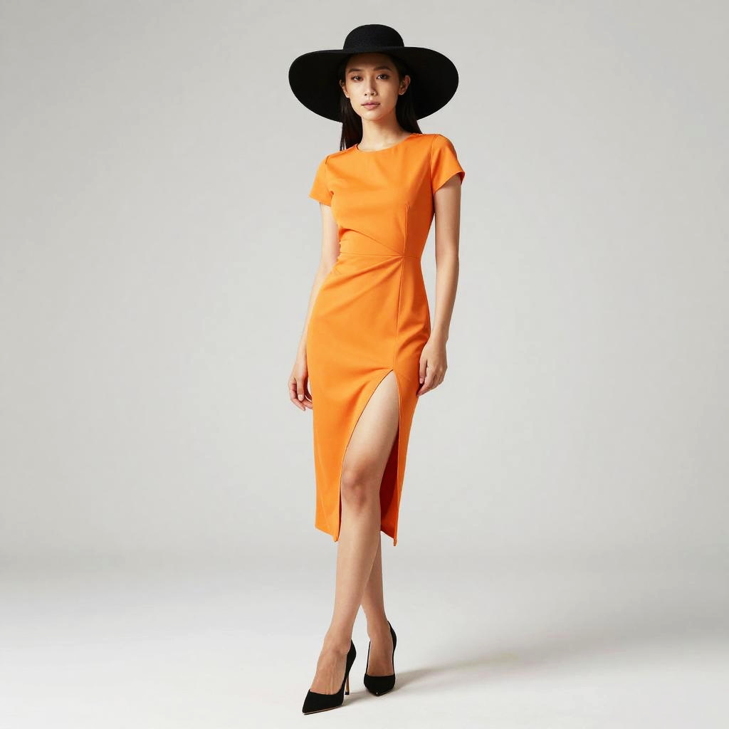 Woman in Vibrant Orange Midi Dress with Side Slit and Black Wide-Brimmed Hat