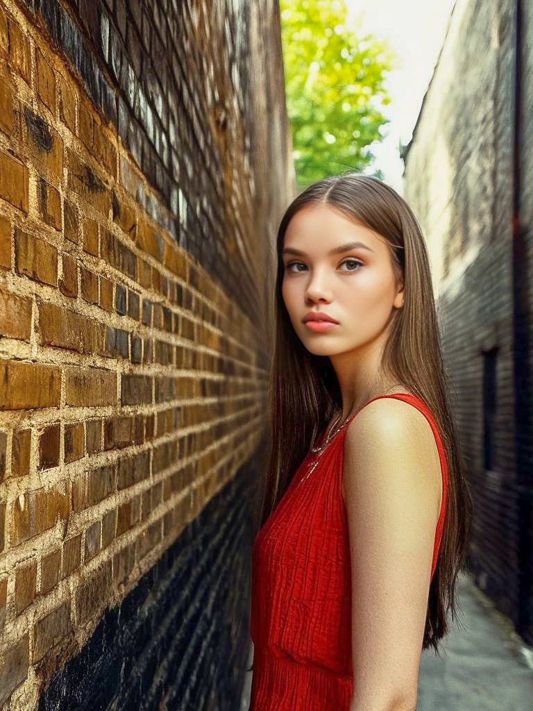 Woman in Red Dress Against Brick Wall