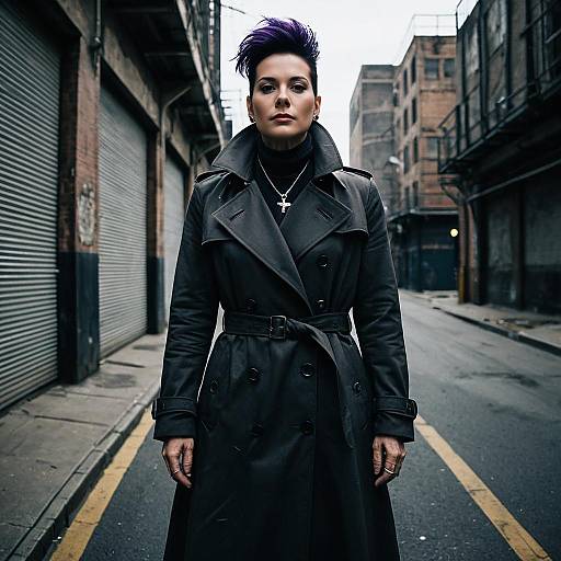 Confident Woman in Black Trench Coat Standing on Urban Street