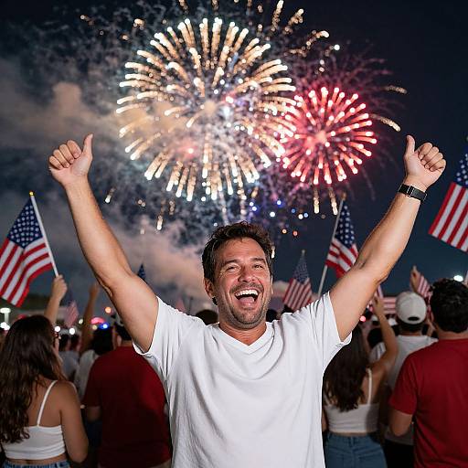Celebration with Fireworks and American Flags