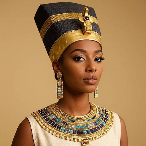 Regal Woman in Ancient Egyptian Queen Costume with Ornate Headdress and Jewelry