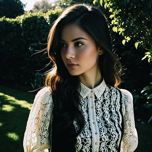Elegant Woman in Vintage Lace Blouse Outdoors in Natural Light