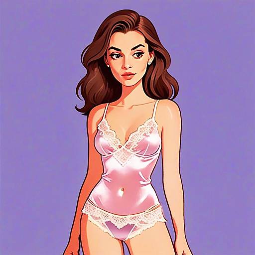 Illustration of Woman with Pretty Face and Hair in Silk Lace Camisole