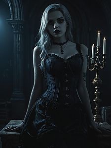 Gothic Woman in Black Corset Dress with Candlelight in Dark Medieval Setting