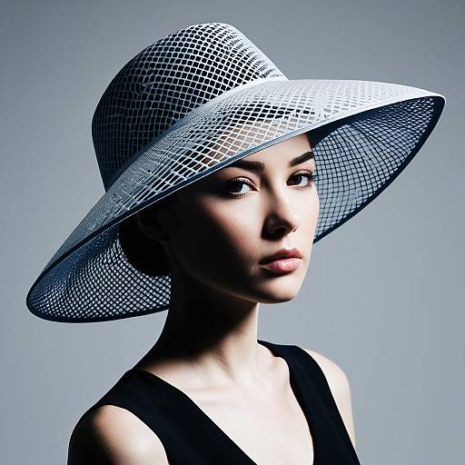 High-Fashion Woman with Wide-Brimmed Patterned Hat Studio Portrait