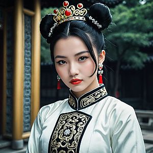 Woman in Traditional Outfit with Gold Embroidery