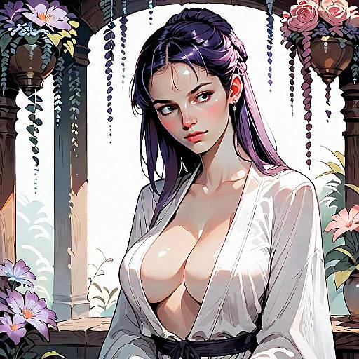 Digital Portrait of Purple-Haired Woman in Floral Archway Anime Style