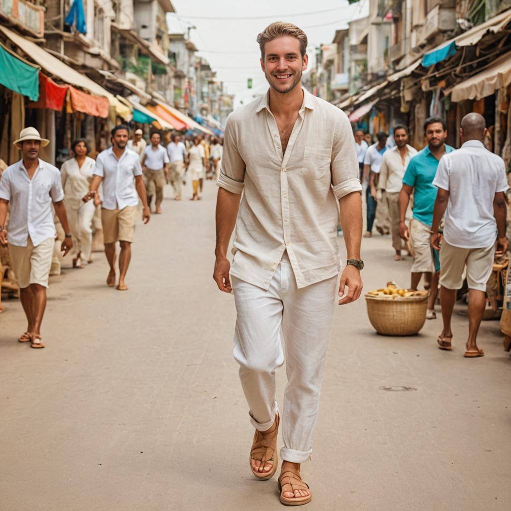 Joyful man in casual linen outfit walking confidently in urban setting