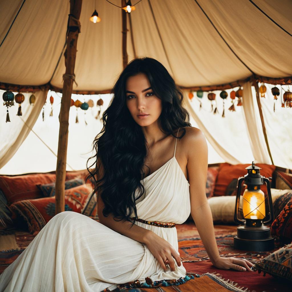 Bohemian Woman in White Dress Sitting Inside Tent with Lanterns