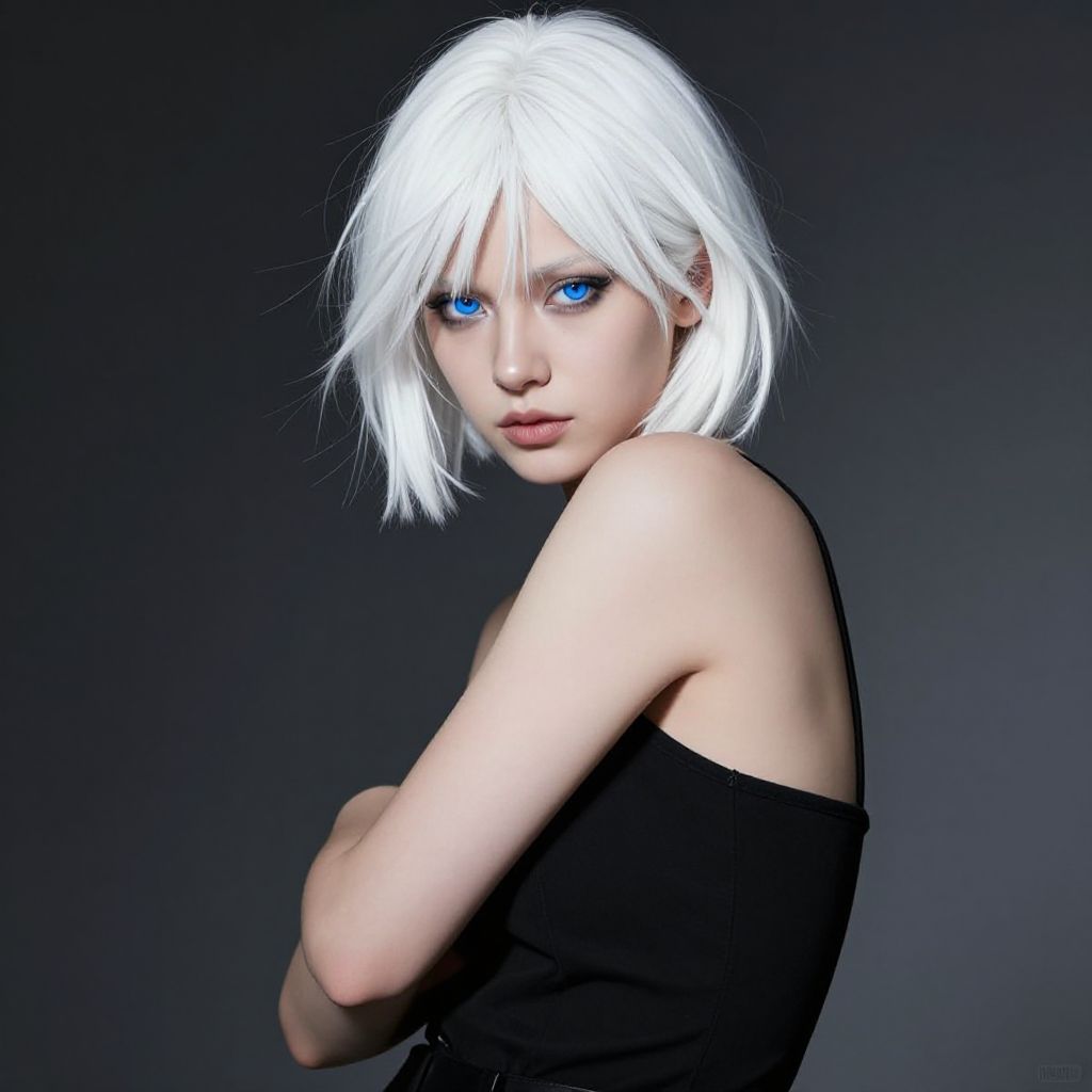 Portrait of Woman with White Hair and Blue Eyes in Black Top