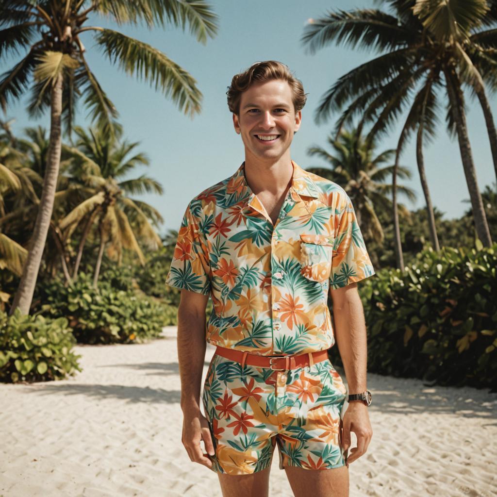 Cheerful Man in Tropical Print Outfit