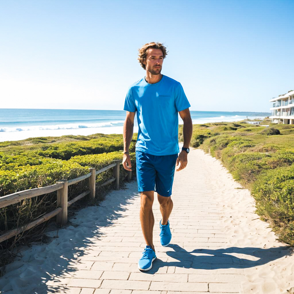 Fit man in blue athletic outfit on beach path