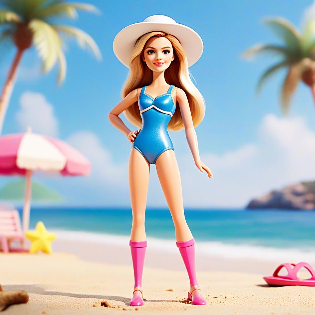 Blonde Woman Doll in Blue Swimsuit and White Hat on Sunny Beach