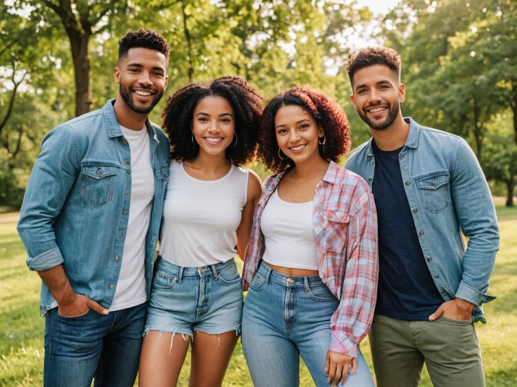 Friends in Stylish Denim at a Lush Park