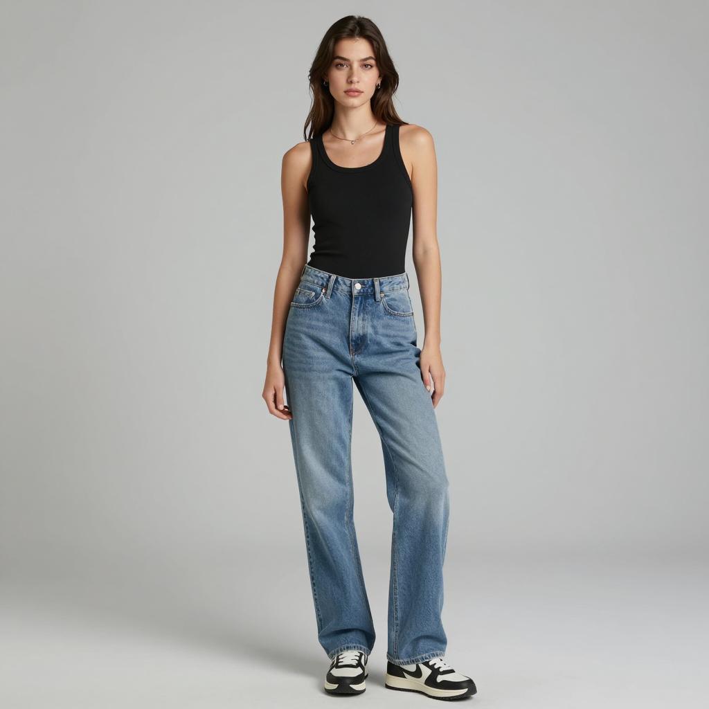 Gen Z Woman in Casual Black Tank Top and High-Waisted Jeans with Sneakers
