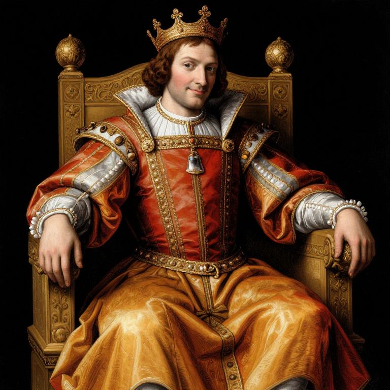 Renaissance Portrait of a Young King in Ornate Royal Attire on Throne