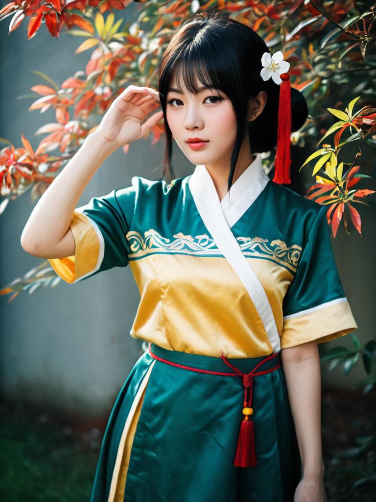 Sexy Cosplay Woman Wearing May Chang Costume in Realistic Outdoor Portrait