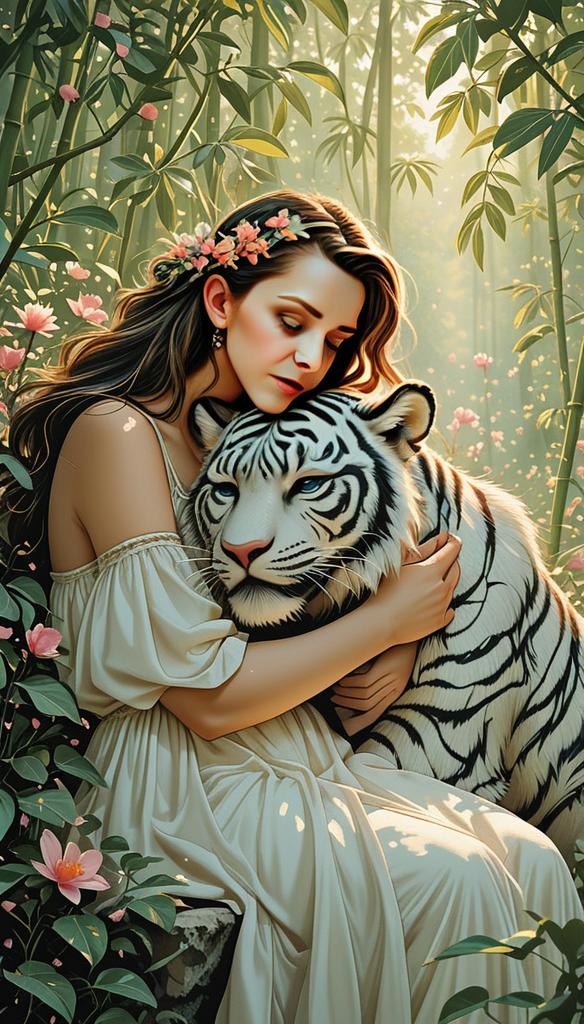 Woman Embracing a White Tiger in a Jungle