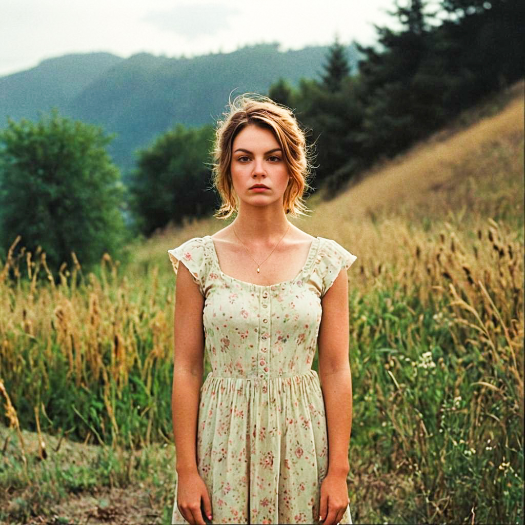 Serene Young Woman in Floral Dress in Nature