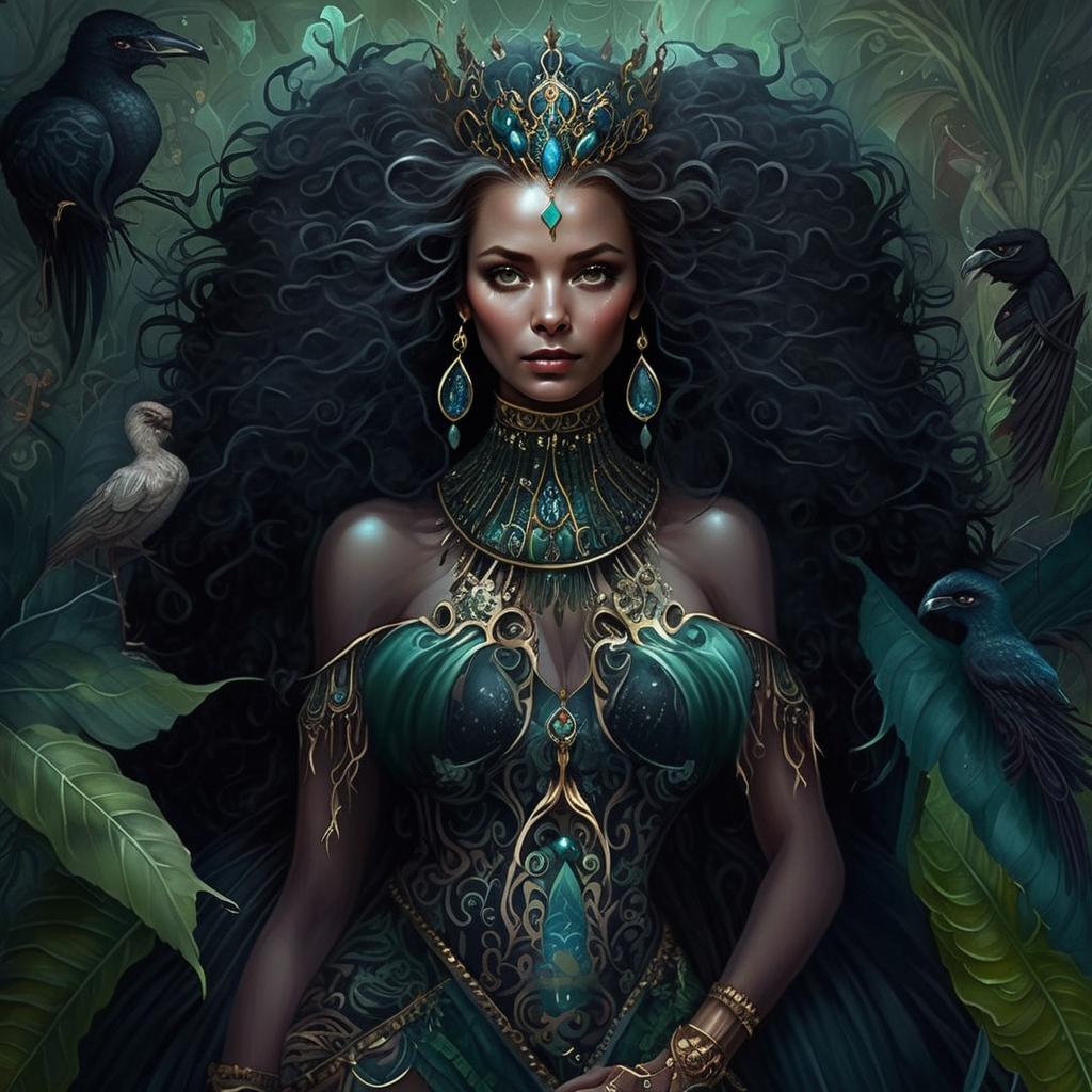 Regal Woman with Crown and Exotic Birds
