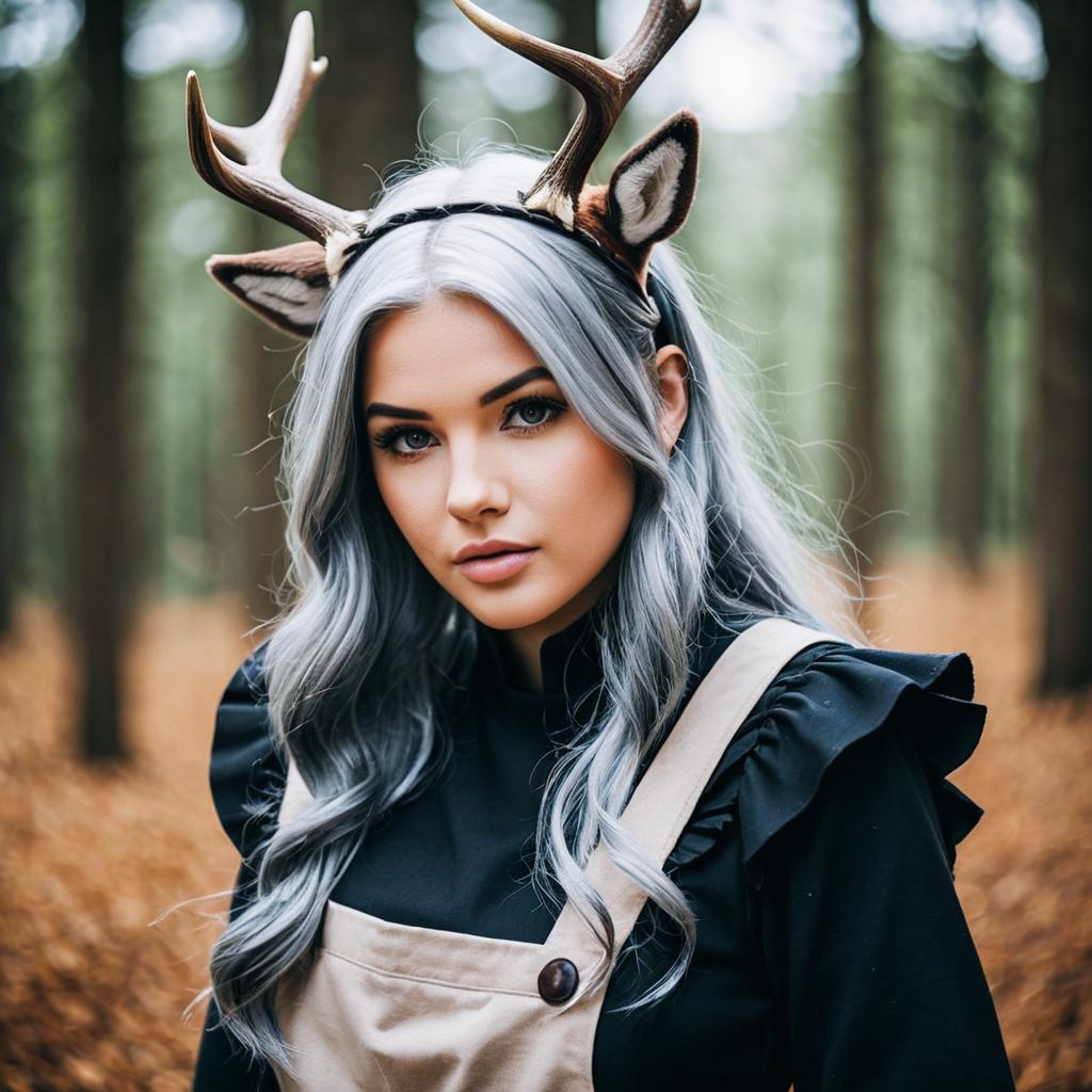 Woman with Silver Hair Wearing Deer Antlers in Forest - Alina Arknights Style