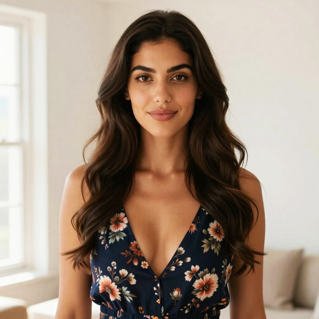 Portrait of Confident Woman in Floral Dress Indoors