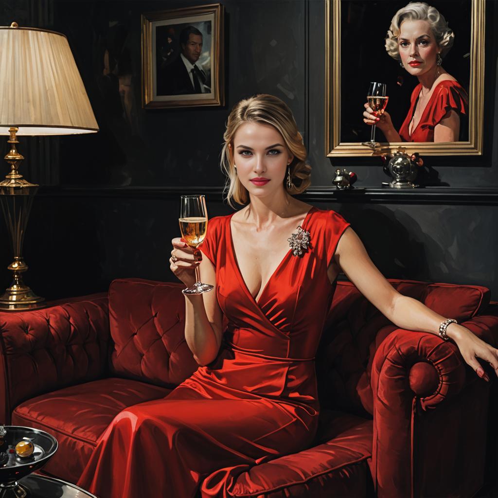 Sophisticated Woman in Elegant Red Dress on Vintage Sofa