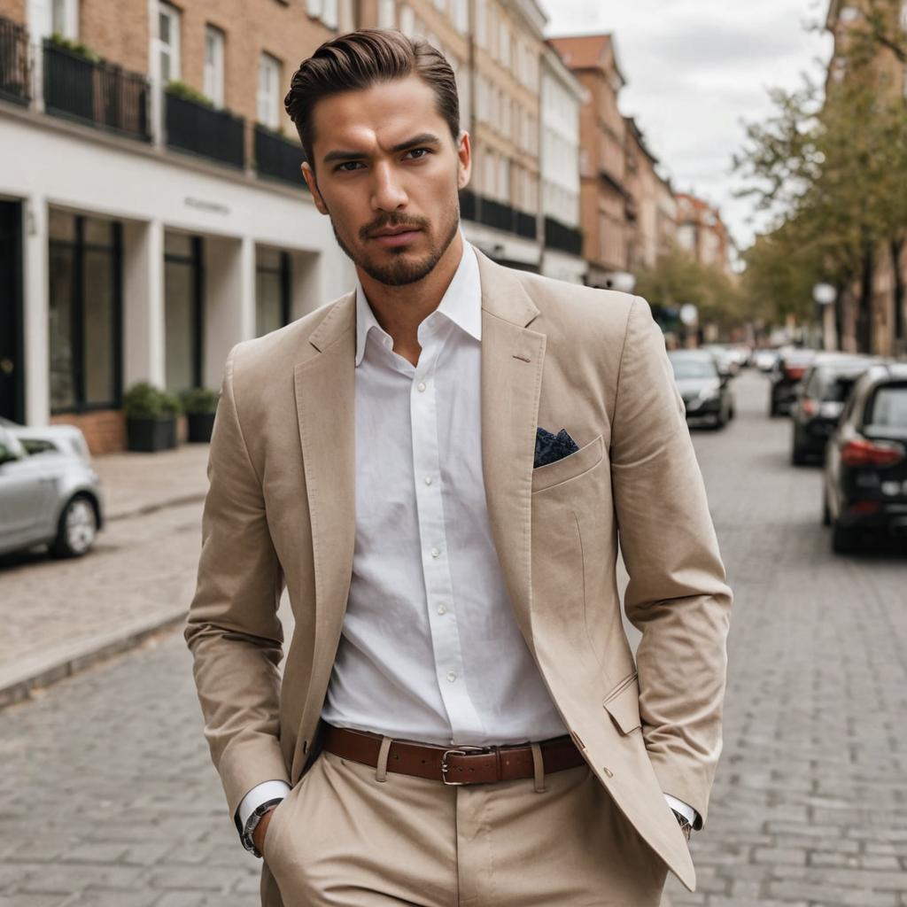 Man in Beige Suit Walking Confidently in City