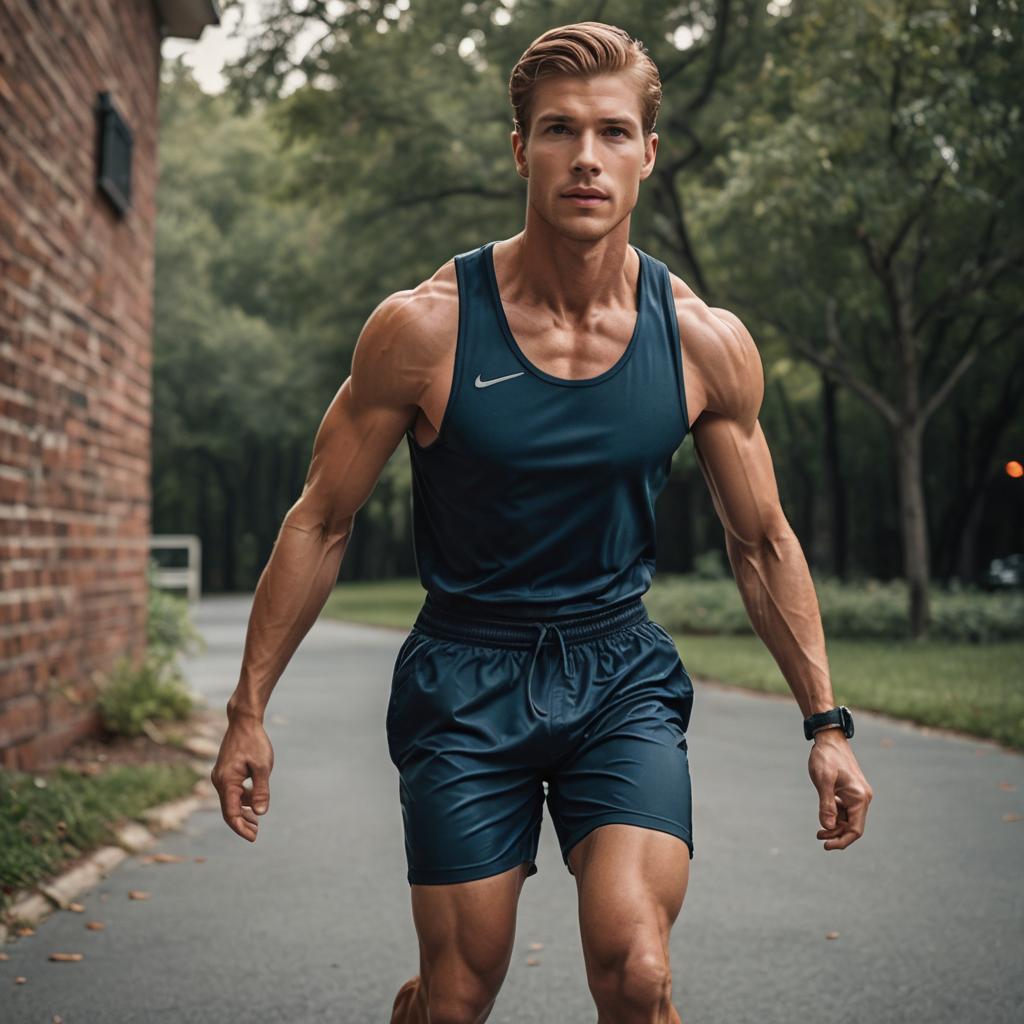 Muscular Man Walking on Path Muscular Man Walking on Path