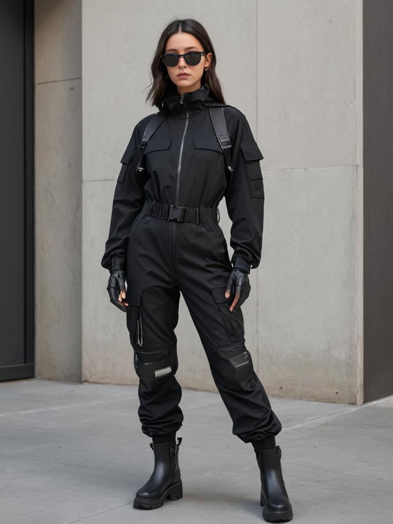 Confident Woman in All-Black Tactical Outfit