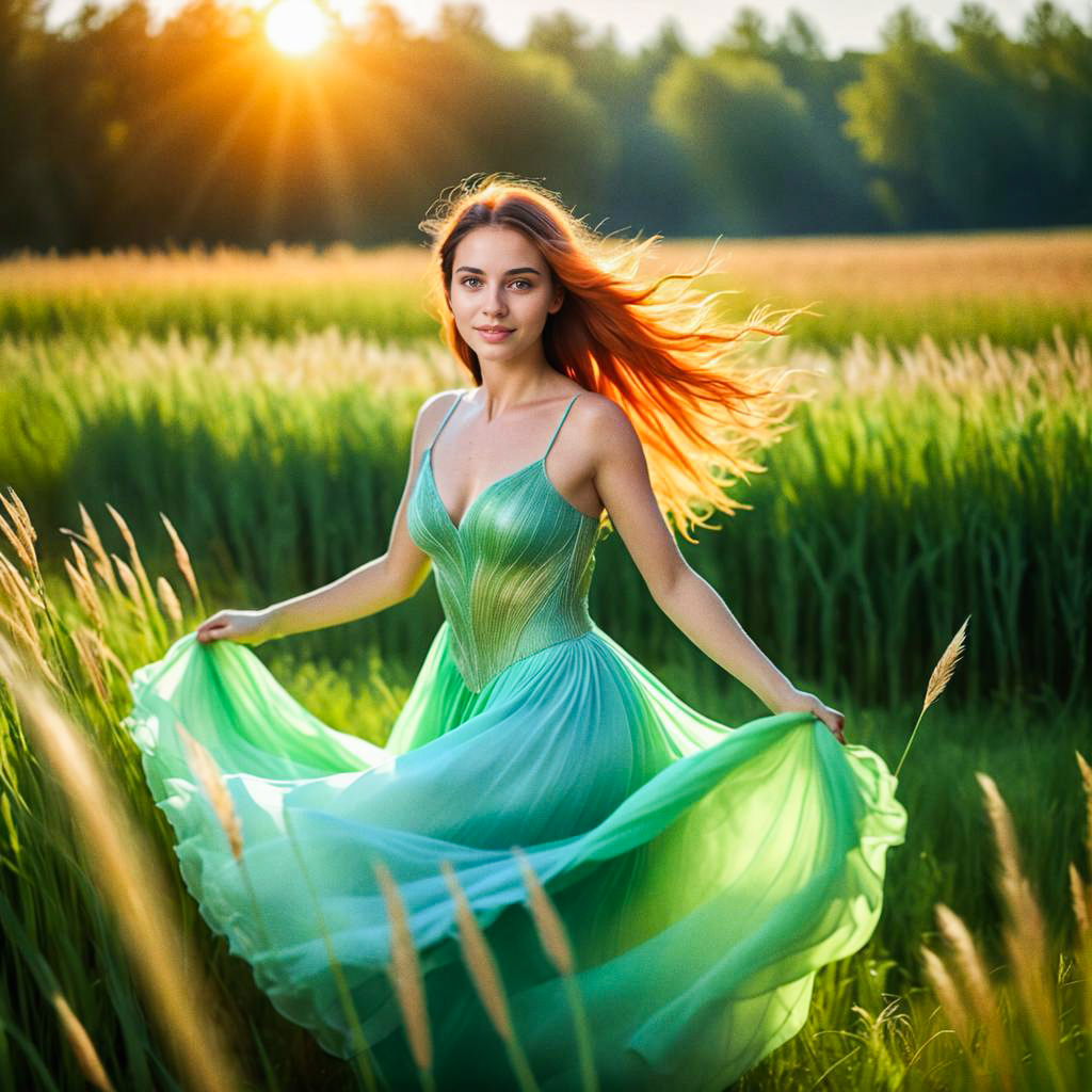 Woman in Green Dress Twirling in Sunlit Field