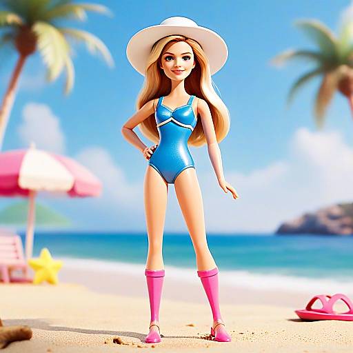Blonde Woman Doll in Blue Swimsuit and White Hat on Sunny Beach