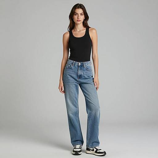 Gen Z Woman in Casual Black Tank Top and High-Waisted Jeans with Sneakers