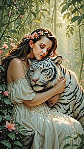 Woman Embracing a White Tiger in a Jungle