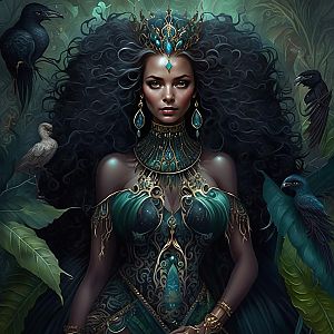 Regal Woman with Crown and Exotic Birds