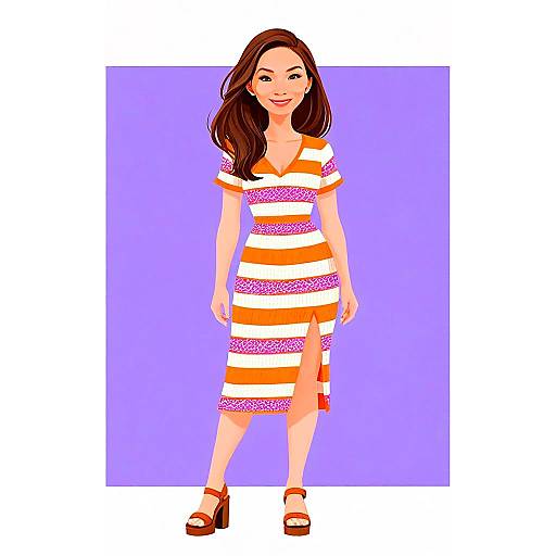 Stylish Woman in Summery Chic Striped Dress Digital Illustration