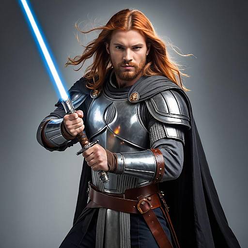 Red Haired Warrior in Medieval Armor with Blue Lightsaber