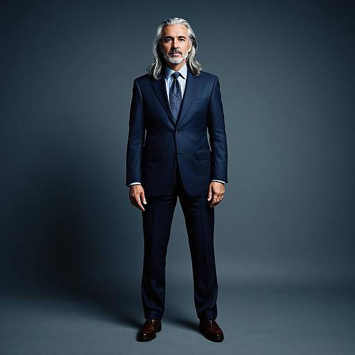 Mature Man in Navy Blue Suit Standing Confidently