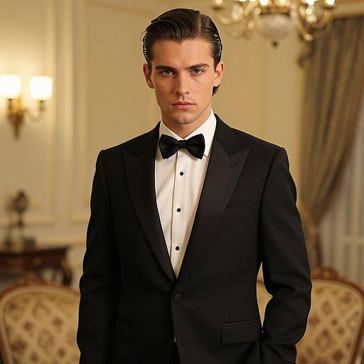 Young Man in Classic Black Tuxedo Bow Tie Elegant Formal Portrait