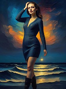 Confident Woman in Dark Blue Dress Against Surreal Ocean